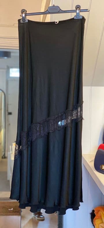 Satin Bias Slip Skirt with Lace Details - Black