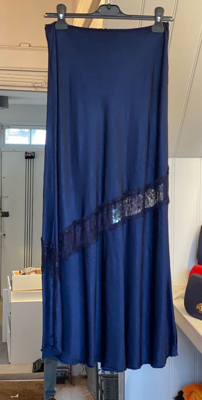 Satin Bias Slip Skirt with Lace Details - Navy