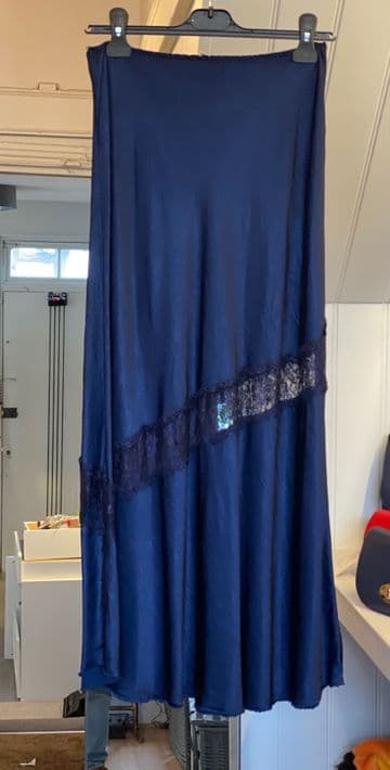 Satin Bias Slip Skirt with Lace Details - Navy