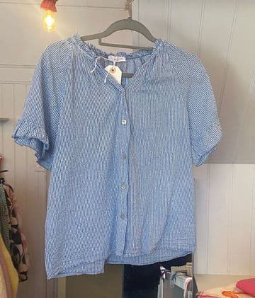 Short Sleeve Cotton Blouse - Blue & White