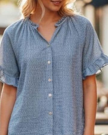 Short Sleeve Cotton Blouse - Denim