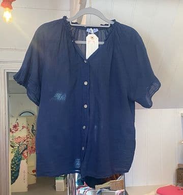 Short Sleeve Cotton Blouse - Navy