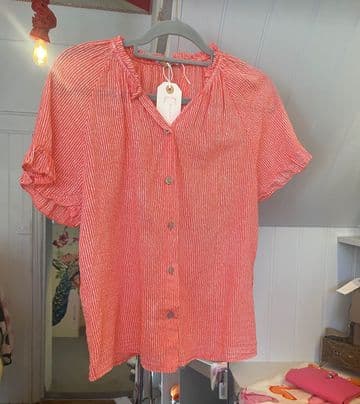 Short Sleeve Cotton Blouse - Peach & White