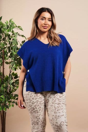Side Button V Neck Ribbed Edge Cape Poncho - Blue