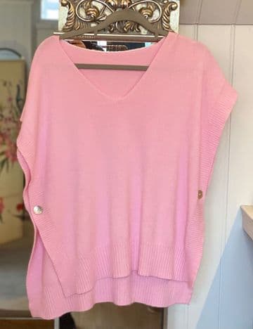 Side Button V Neck Ribbed Edge Cape Poncho Cape - Bubble Gum Pink