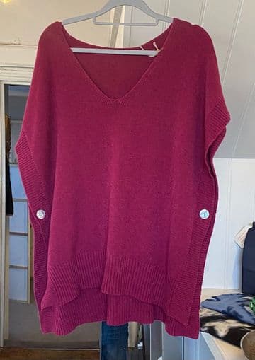 Side Button V Neck Ribbed Edge Cape Poncho Cape - Burgundy