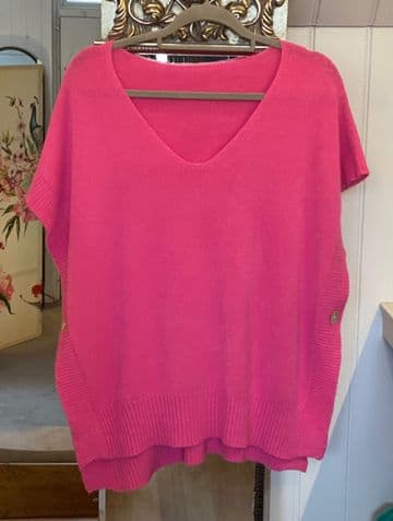 Side Button V Neck Ribbed Edge Cape Poncho Cape - Fuchsia