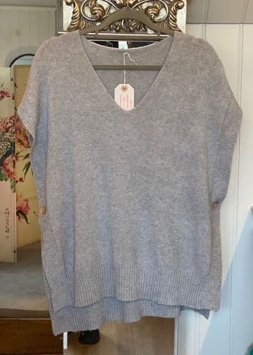 Side Button V Neck Ribbed Edge Cape Poncho Cape - Grey
