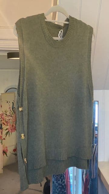 Side Button V Neck Ribbed Edge Cape Poncho Cape - Khaki
