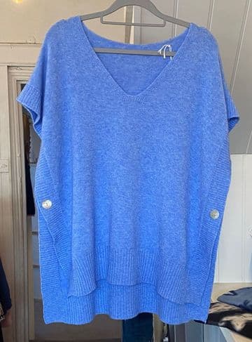 Side Button V Neck Ribbed Edge Cape Poncho Cape - Light Denim Blue