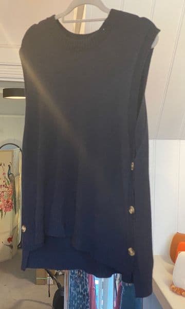 Side Button V Neck Ribbed Edge Cape Poncho Cape - Navy