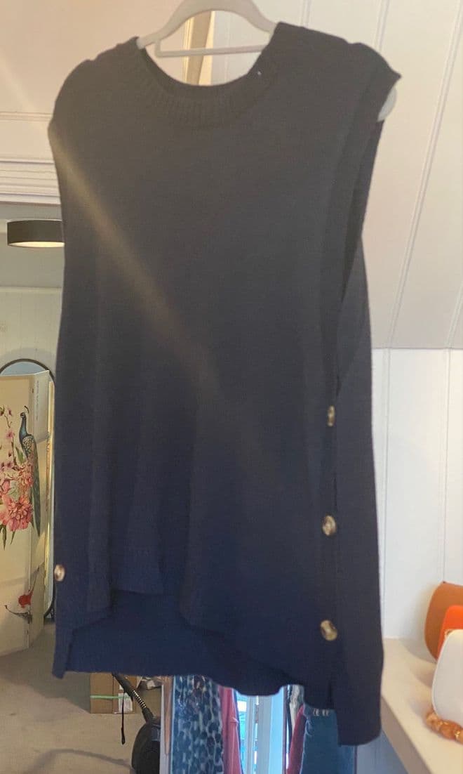 Side Button V Neck Ribbed Edge Cape Poncho Cape - Navy