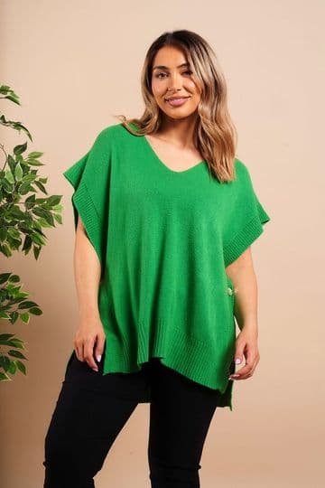 Side Button V Neck Ribbed Edge Cape Poncho - Green