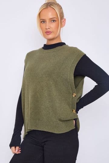 Side Buttons Knitted Vest - Khaki