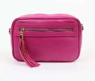 Small Leather Zipped Cross Body Bag - Fuschia
