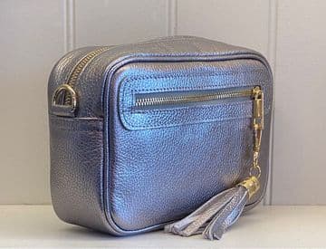 Small Leather Zipped Cross Body Bag - Iron Grey