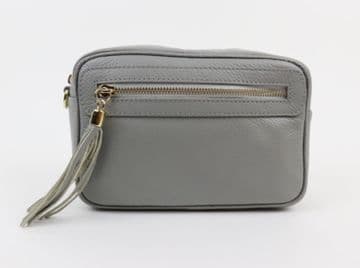 Small Leather Zipped Cross Body Bag - Light Grey