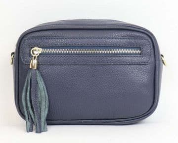 Small Leather Zipped Cross Body Bag - Navy