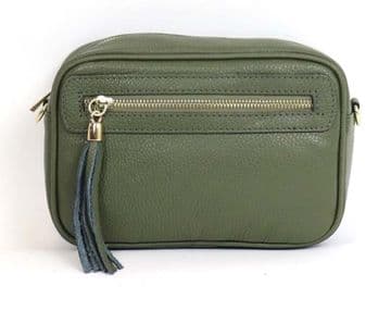 Small Leather Zipped Cross Body Bag - Olive Green