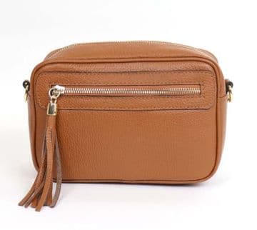 Small Leather Zipped Cross Body Bag - Tan