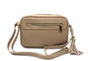 Small Leather Zipped Cross Body Bag - Taupe