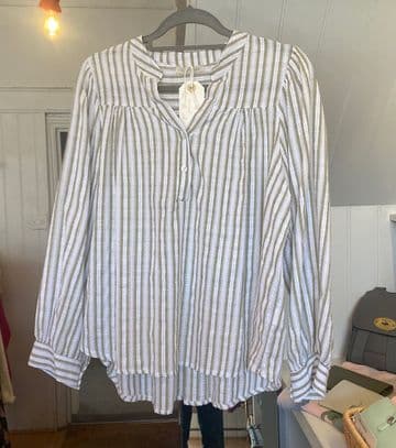 Stripy Cotton Shirt - Khaki & White