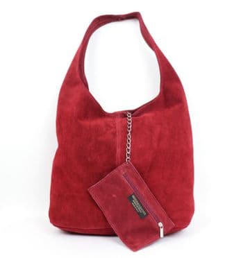 Suede Hobo Shoulder Bag - Dark Red