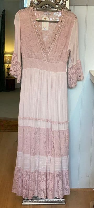 Tiered Lace Maxi Dress - Baby Pink