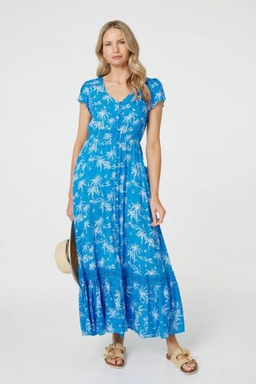 Tropical Print Angel Sleeve Maxi Dress in Blue