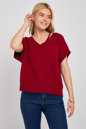 V Neck Cap Sleeve Jumper - Bordeaux