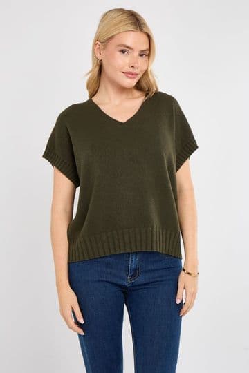 V Neck Cap Sleeve Jumper - Chocolate