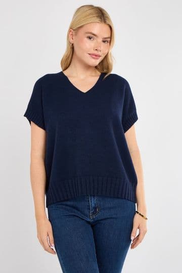 V Neck Cap Sleeve Jumper - Navy