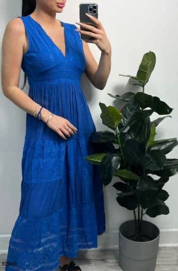 V Neck Lace Tiered  Sleeveless Maxi Dress - Blue