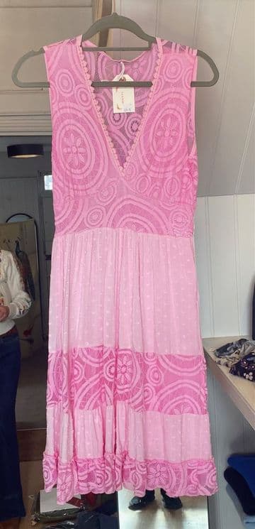 V Neck Lace Tiered Sleeveless Maxi Dress - Pale Pink
