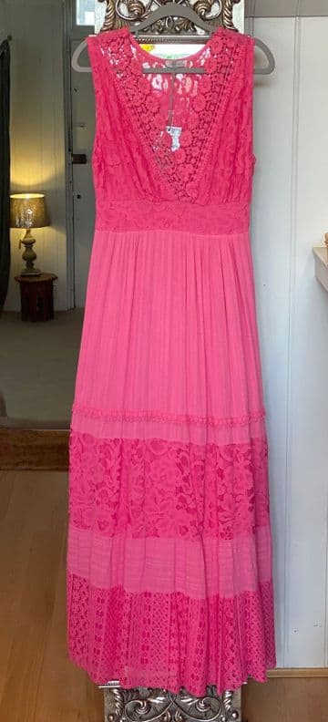 V Neck Lace Tiered Sleeveless Maxi Dress - Pink
