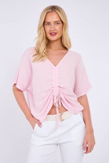 Washed Linen Drawstring Ruched Top - Candy Pink
