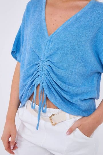 Washed Linen Drawstring Ruched Top - Cornflower Blue