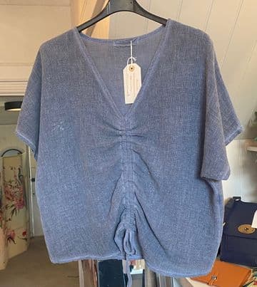 Washed Linen Drawstring Ruched Top - Denim