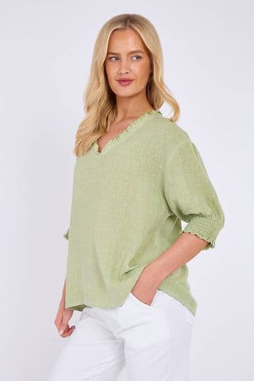 Washed Linen Frill V-Neck Shirred Sleeve Top - Pistachio
