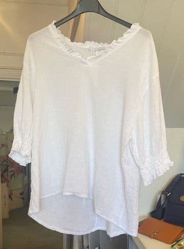 Washed Linen Frill V-Neck Shirred Sleeve Top - White