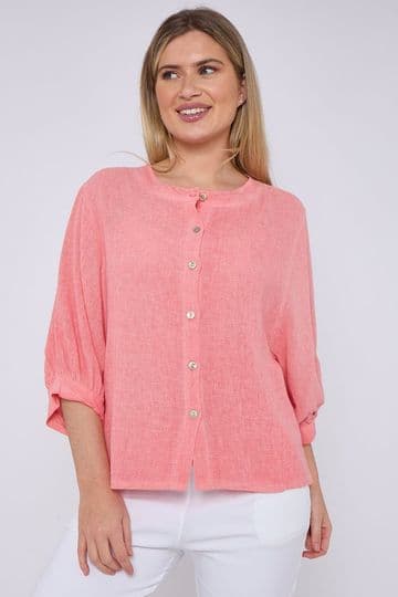 Washed Linen Granddad Collared Top - Coral