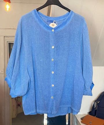 Washed Linen Granddad Collared Top - Cornflower Blue
