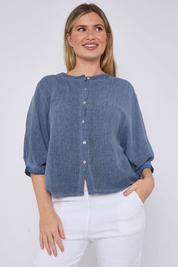 Washed Linen Granddad Collared Top - Denim