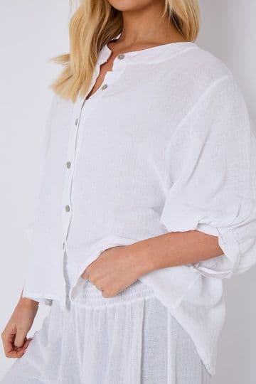 Washed Linen Granddad Collared Top - White