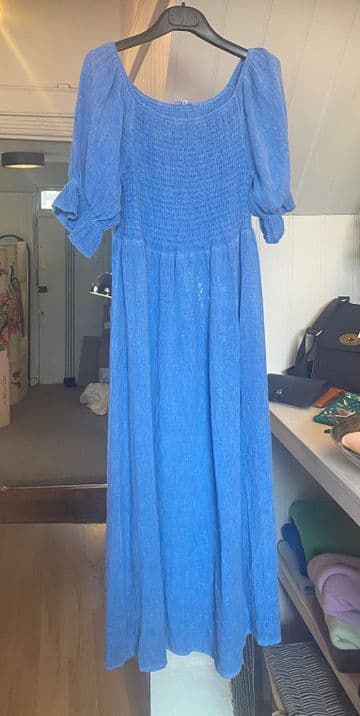 Washed Linen Shirred Ruffle Sleeve Maxi Dress - Cornflower Blue