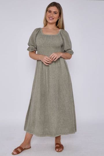 Washed Linen Shirred Ruffle Sleeve Maxi Dress - Grey
