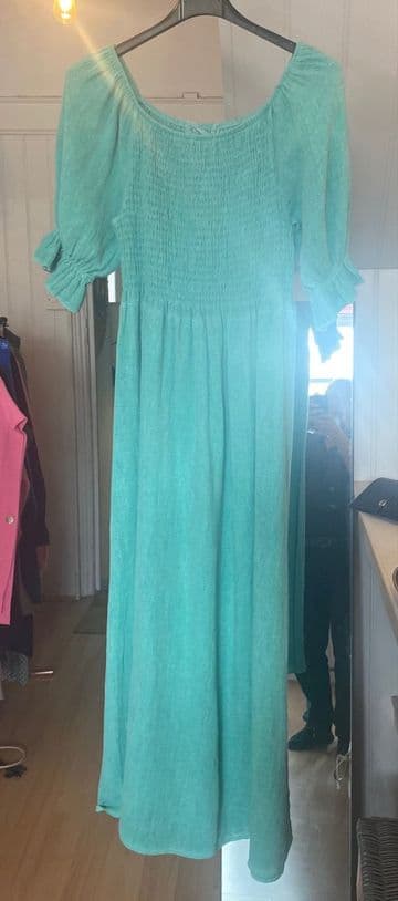 Washed Linen Shirred Ruffle Sleeve Maxi Dress - Ocean Green