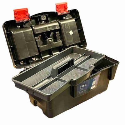 Black Plastic Toolbox with Lid Compartments & Tray