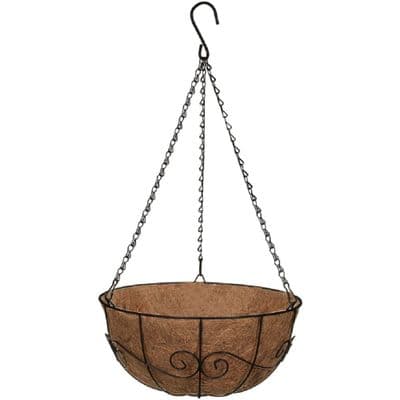 Black Scroll Metal 30cm Hanging Basket with Coir Liner