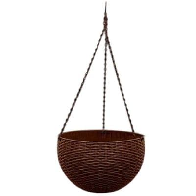 Brown Plastic Wicker Polyrattan Hanging Basket 27cm